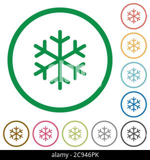 Einzelne Schneeflocke flache Farbsymbole in runden Umrissen auf weißem Hintergrund Stock Vektor