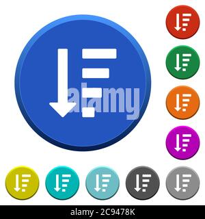 Absteigende sortierte Listen-Modus runde, abgeschrägte Farbtasten mit glatten Oberflächen und flachen weißen Symbolen Stock Vektor