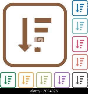 Absteigende Reihenfolge in der Liste Einfache Symbole in farbigen abgerundeten quadratischen Rahmen auf weißem Hintergrund Stock Vektor