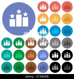 Rangfolge mehrfarbiger flacher Symbole auf runden Hintergründen. Inklusive weißen, hellen und dunklen Icon-Variationen für schweben und aktiven Status-Effekte und Bonus s Stock Vektor