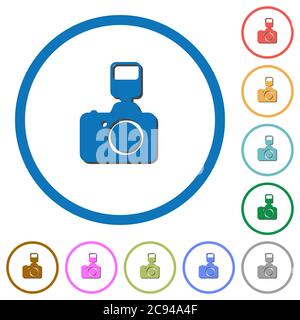 Kamera mit flachem Blitz Farbvektorsymbolen mit Schatten in runden Umrissen auf weißem Hintergrund Stock Vektor