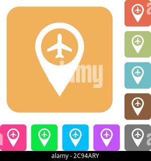 Flughafen GPS-Karte Position flache Symbole auf abgerundeten quadratischen lebendigen Farben Hintergründe. Stock Vektor