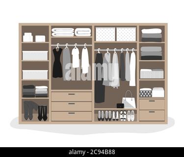 Kleiderschrank Aufbewahrungssystem in einem modernen Stil. Ankleidezimmer Innenelement, flache Vektorgrafik Stock Vektor