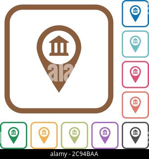 Bank Office GPS-Karte Lage einfache Symbole in Farbe abgerundeten quadratischen Rahmen auf weißem Hintergrund Stock Vektor