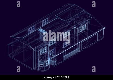 Hausdrahtrahmen aus blauen Linien auf dunklem Hintergrund. Isometrische Ansicht. Der Plan eines einstöckigen Hauses. Vektorgrafik. Stock Vektor