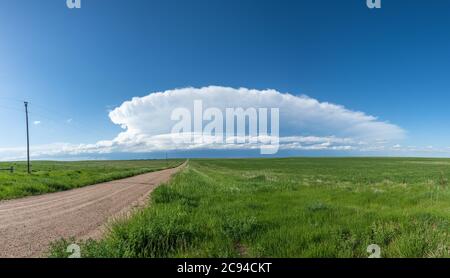 Das Panorama eines massiven Sturmsystems, das eine vor-Tornado-Bühne ist, führt über einen grasbewachsenen Teil der Great Plains Stockfoto