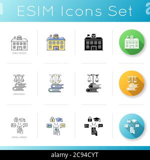 Moderne Bildungssystem Symbole gesetzt. Farbstile für Linear-, Schwarz- und RGB-Farben. Öffentliche Schule, State College Campus. Professionelle Jurisprudenz Studium und di Stock Vektor