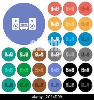 Mehrfarbige flache Stereosysteme auf runden Hintergründen. Inklusive weißer, heller und dunkler Symbolvarianten für schwebe- und aktive Statuseffekte und b Stock Vektor