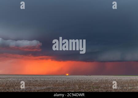 Ein großer Sturm zieht durch die Great Plains, während die Sonne hinter ihm untergeht und Regen entlang des Horizonts ergießt. Stockfoto