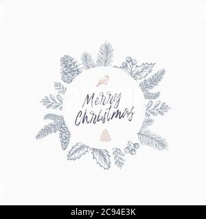 Frohe Weihnachten abstrakte Grußkarte mit rundem Bannerrahmen und Schriftzug. Pastellfarben Skizzenlayout. Stock Vektor