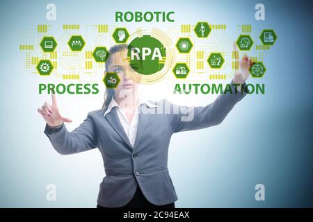 Geschäftsfrau drückt Tasten im RPA-Konzept Stockfoto