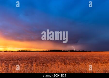 Ein Mesocyclone Wetter supercell, die eine Pre-Tornado-Bühne ist, passiert die Great Plains während strömende regen und knackende Blitz Highlight der ho Stockfoto