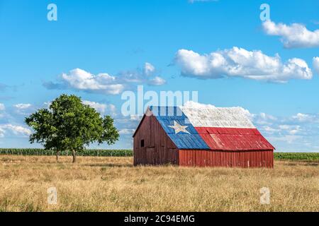 Eine verlassene alte Scheune mit dem Symbol von Texas auf dem Dach befindet sich in einem ländlichen Gebiet des Staates, eingerahmt von Ackerland. Stockfoto