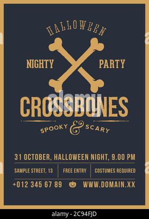 Gekreuzte Knochen Vektor Halloween Party Abstraktes Vintage Poster, Karte oder Flyer. Dunkle Farbabdruck und Retro-Typografie mit Rahmen Stock Vektor