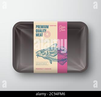 Hochwertiger Kabeljau. Abstrakt Vektor Fisch Kunststoff-Tablett mit Cellophan Cover Verpackung Design Label. Moderne Typografie und handgezeichneter Codfish Stock Vektor