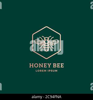 Premium Honey Bee abstrakte Vektor-Zeichen, Symbol oder Logo-Vorlage. Golden Bee Silhouette mit Retro Typografie. Kreatives Insektenemblem. Stock Vektor