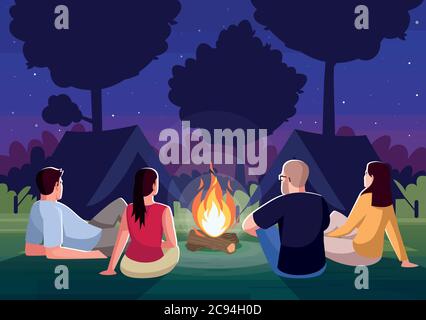 Camping bei Nacht semi flach Vektor-Illustration. Am Abend sitzen die Leute am Lagerfeuer. Lagerfeuer im Wald. Campingplatz für Gruppen. Freunde auf Erholung in Stock Vektor
