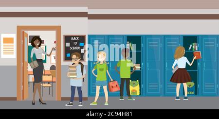 Cartoon Lehrer und Schüler in der Schulhalle, Schule Interieur, flache Vektor-Illustration Stock Vektor