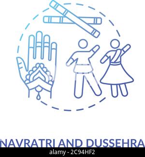 Navratri und dussehra Konzept-Ikone. Hindu Festival Idee dünne Linie Illustration. Traditionelle indische Accessoires und feiern Menschen Vektor isoliert Stock Vektor