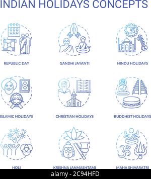 Indische Feiertage Konzept Symbole gesetzt. Indien Bräuche und Traditionen Idee dünne Linie RGB-Farbe Illustrationen. Nationale und religiöse Feste. Vector isola Stock Vektor