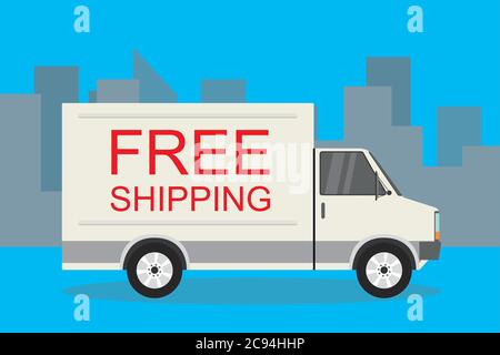 Lieferwagen, Van in flachem Stil, kostenloser Versandtext an Bord, Vektordarstellung Stock Vektor