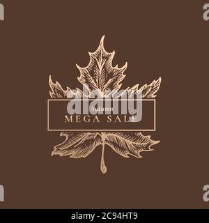 Mega-Sonderangebot Im Herbst. Abstrakter Vektor Retro-Label, Zeichen oder Kartenvorlage. Handgezeichnete Ahornblatt Skizze Illustration mit Vintage Typografie in einem Golden Stock Vektor