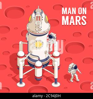 Isometrisches Raumschiff Landemodul mit Raumfahrer im Raumanzug an marsoberfläche Stock Vektor