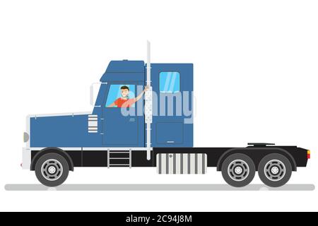 Glücklich Cartoon kaukasischen männlichen Fahrten in Blau semi-Truck, isoliert auf weißem Hintergrund, flache Vektor-Illustration Stock Vektor