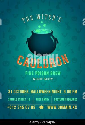 Der kochende und glühende Hexenkessel Vektor Halloween Party Abstraktes Vintage Poster, Karte oder Flyer. Kürbisse, Katzen und Kerzen Muster Hintergrund Stock Vektor