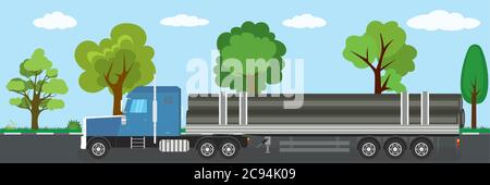 Anhänger LKW lange Fahrzeug auf der Straße, natürliche Landschaft im Hintergrund, flache Vektor-Illustration Stock Vektor