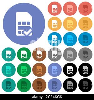 SIM-Karte akzeptiert mehrfarbige flache Symbole auf runden Hintergründen. Im Lieferumfang enthalten sind weiße, helle und dunkle Symbolvarianten für Schwebeeffekt und aktive Statuseffekte, ein Stock Vektor