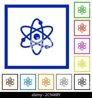 Atom flache Farbsymbole in quadratischen Rahmen auf weißem Hintergrund Stock Vektor