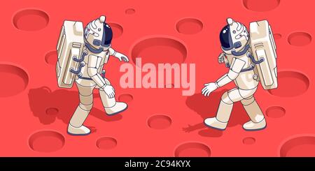 Isometrischer Astronaut auf der Planetenoberfläche. Spaceman im Raumanzug zu Fuß auf dem Mars Stock Vektor