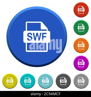 SWF-Dateiformat runde, abgeschrägte Farbknöpfe mit glatten Oberflächen und flachen weißen Symbolen Stock Vektor