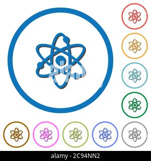 Atomare flache Farbvektorsymbole mit Schatten in runden Umrissen auf weißem Hintergrund Stock Vektor