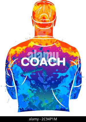 Abstrakter Sporttrainer steht mit seinem Rücken in einem T-Shirt und einer Baseballmütze. Hintergrund für Sport oder Coaching Thema Stock Vektor