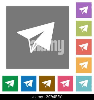 Flache Papierebenen-Symbole auf einfachen farbigen quadratischen Hintergründen Stock Vektor