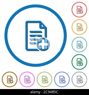 Fügen Sie neue flache Farbvektorsymbole für Dokumente mit Schatten in runden Konturen auf weißem Hintergrund hinzu Stock Vektor