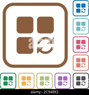 Einfache Symbole der Komponente in farbigen abgerundeten quadratischen Rahmen auf weißem Hintergrund aktualisieren Stock Vektor