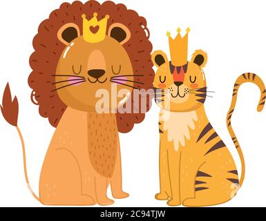 Niedliche Tiere Löwe mit Krone und Tiger Natur wild Cartoon Vektor Illustration Stock Vektor