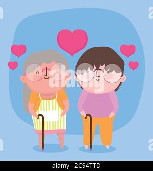 Happy Großeltern Tag, ältere Oma Opa mit Herzen Liebe gehen Sticks Cartoon Vektor Illustration Stock Vektor