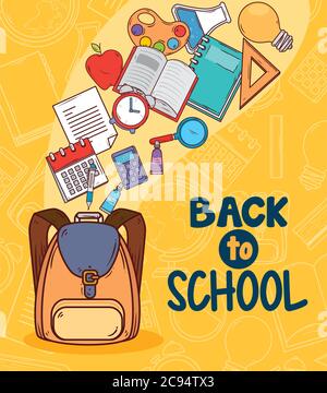 Back to School Banner mit Schultasche und Bildungssymbolen Stock Vektor