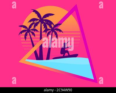 80er Jahre Retro Sci-Fi Surfer mit Palmen bei einem Sonnenuntergang. Surfer vor der Kulisse von Palmen und retro futritische Sonne. Synthwave-Style. Vektor illustrr Stock Vektor