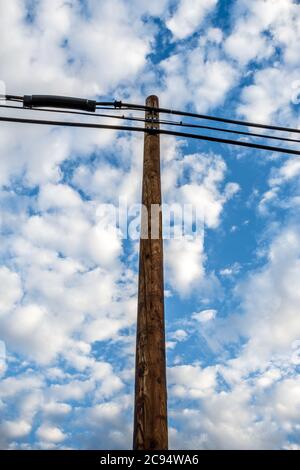 Ein hoher hölzerner Telefonmast im Vordergrund großer Cumuluswolken an einem frühen Abend in Arizona. Stockfoto