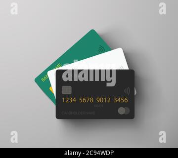 Drei Kreditkarten liegen auf grauem Hintergrund Stock Vektor