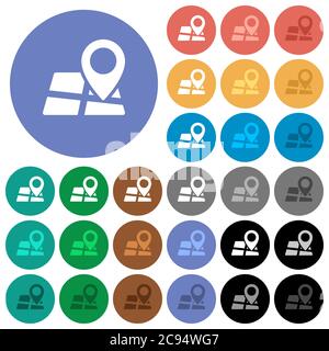 Positionsnadel auf der Karte mehrfarbige flache Symbole auf runden Hintergründen. Inklusive weißer, heller und dunkler Symbolvarianten für Hover- und aktive Statuseffekte, Stock Vektor
