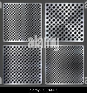 Realistische perforierte gebürstete Metall Texturen Set. Polierter Edelstahlhintergrund. Vektorgrafik. Stock Vektor