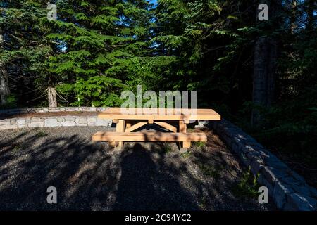 Picknicktisch so platziert, dass es nicht behindertengerecht in Mount St. Helens National Volcanic Monument in Gifford Pinchot National Forest, Washin Stockfoto