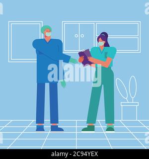 Professionelle Ärzte Paar trägt medizinische Masken Vektor Illustration Design Stock Vektor