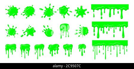 Schleim Tropfen Blob, Spritzer gesetzt. Sammlung grüner Schmutz Splat, goo tropfende Splodges von Schleimspritzer. Halloween formt Flüssigkeiten. Leuchtend grün Fleck Cartoon flachen Schleim. Isolierte Vektordarstellung Stock Vektor